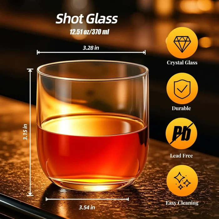 Straight crystal whiskey glass dimensions and 12.51 oz capacity KAMMAK 7KPSP765N whiskey glasses side angle view showing silhouette