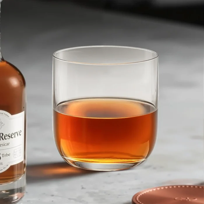 Straight-sided crystal whiskey tumbler beside a bottle KAMMAK 7KPSP765N whiskey glasses shape and proportion detail image 3