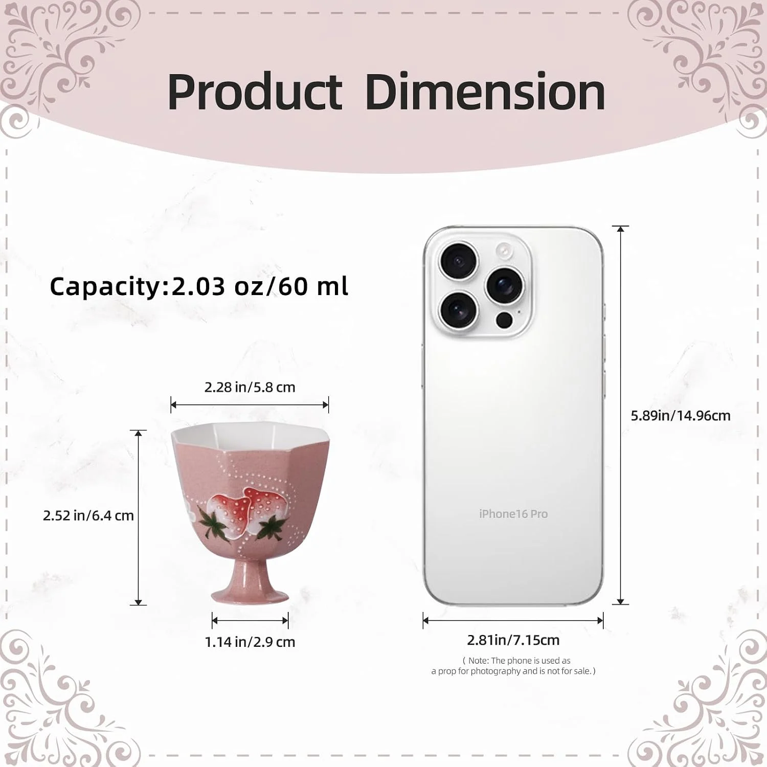 Strawberry porcelain tea cup dimensions and 2.03 oz capacity