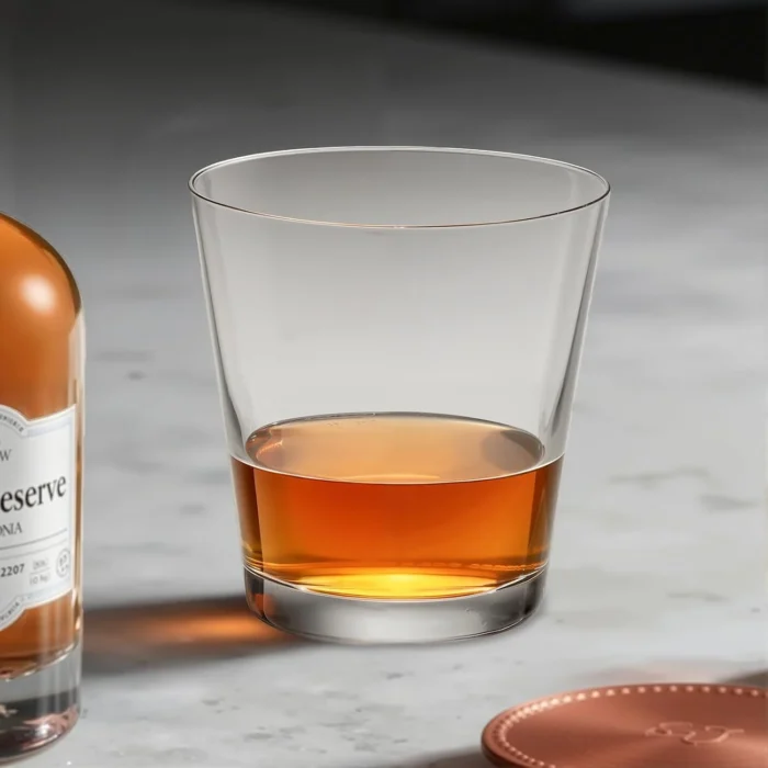 Tapered crystal whiskey tumbler beside a bottle KAMMAK 7KPSP772N whiskey glasses shape and proportion detail image 3