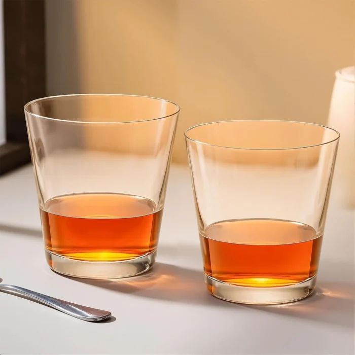 Two tapered crystal whiskey glasses in a warm table setting KAMMAK 7KPSP772N whiskey glasses scale and proportion view image 6