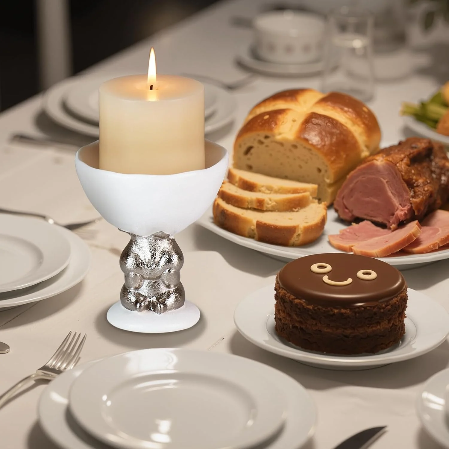 White rabbit candle holder displayed on a dining table