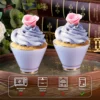 Lavender KAMMAK tea cups styled with desserts and care icons KAMMAK 7KPSP432N ceramic cup and saucer side angle view showing silhouette