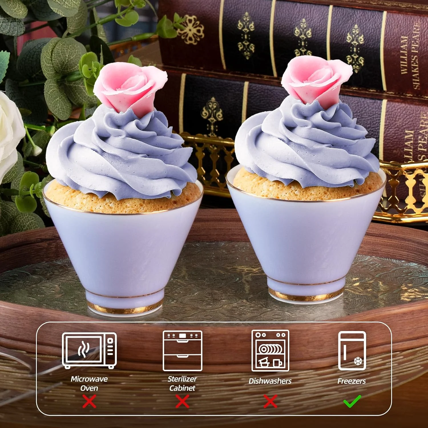 Lavender KAMMAK tea cups styled with desserts and care icons