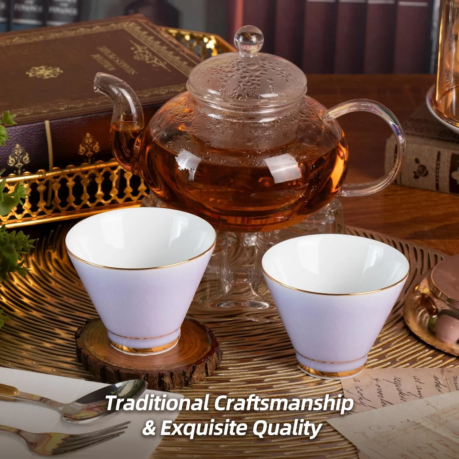 KAMMAK lavender ceramic tea cup pair beside a glass teapot
