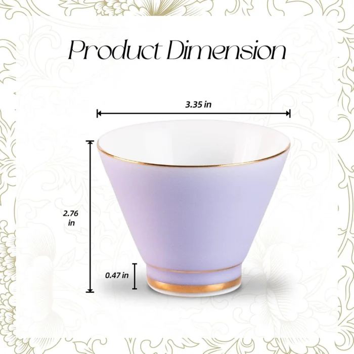 KAMMAK lavender ceramic tea cup dimensions and gold-tone base KAMMAK 7KPSP432N ceramic cup and saucer scale and proportion view image 6