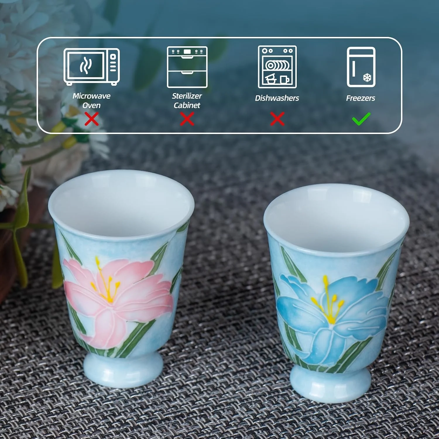 KAMMAK lily-pattern footed tea cups with care guidance icons