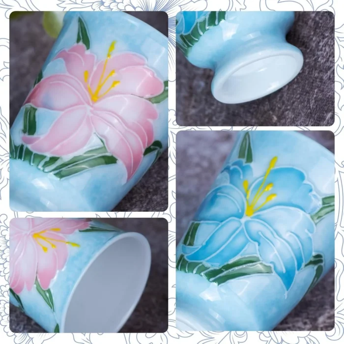 KAMMAK lily tea cup close-ups showing painted flowers, rim and foot KAMMAK 7KPSP734N+735N-US ceramic cup and saucer close-up material detail image 5