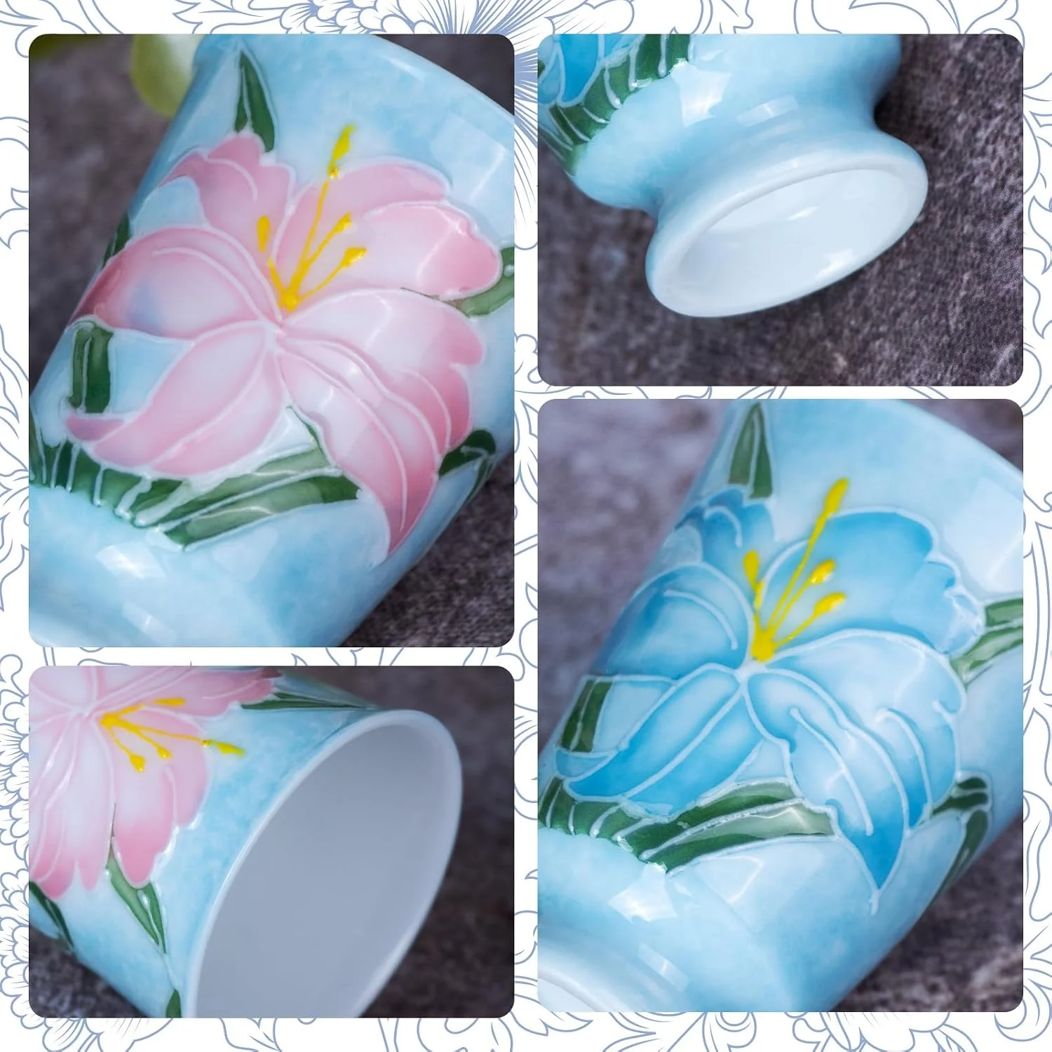 KAMMAK lily tea cup close-ups showing painted flowers, rim and foot
