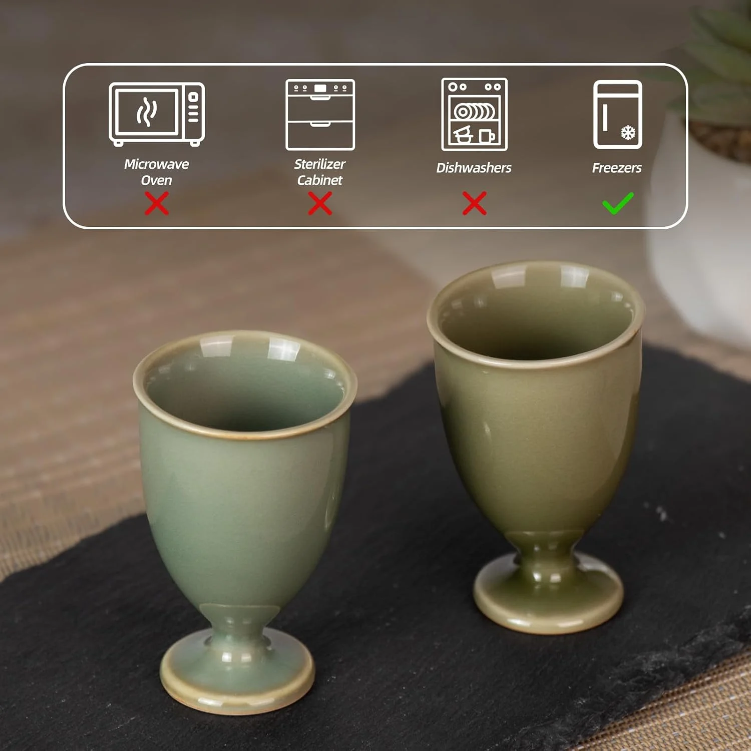 KAMMAK olive green footed tea cups with care guidance icons