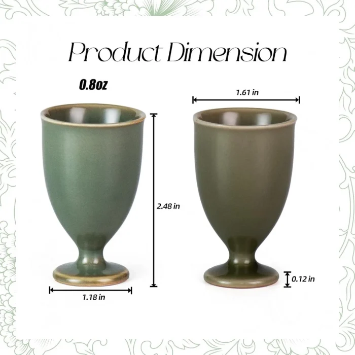 KAMMAK 0.8 oz olive green footed tea cup dimensions KAMMAK 7KPSP694N+695N ceramic cup and saucer scale and proportion view image 6