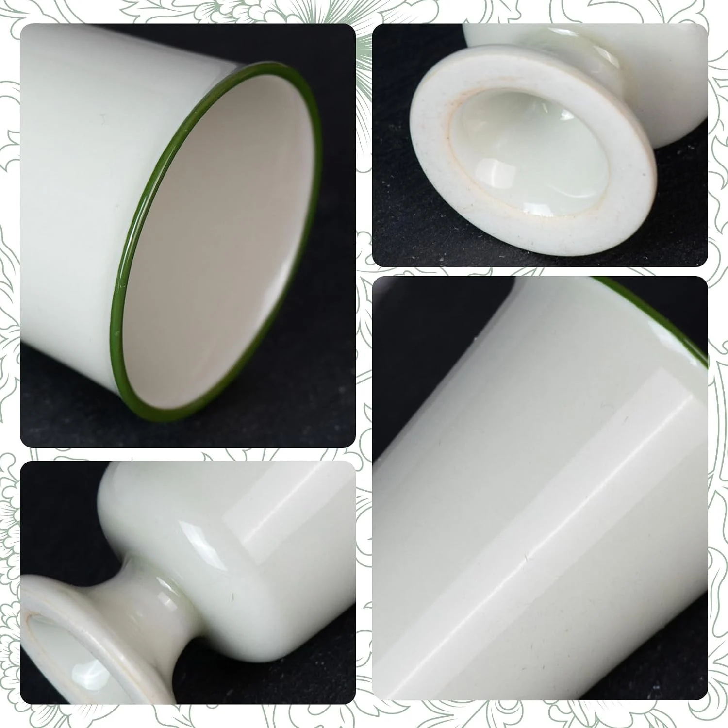KAMMAK 718N cup close-ups showing green rim, smooth glaze and footed base