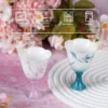 KAMMAK pastel footed tea cups with leaf patterns and care guidance icons KAMMAK 7KPSP686N+687N ceramic cup and saucer side angle view showing silhouette