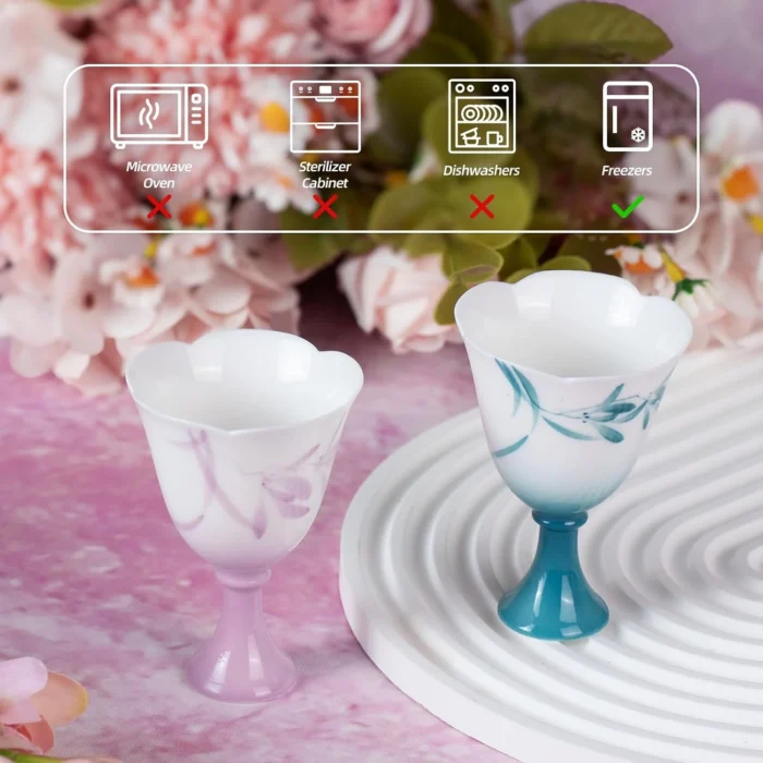 KAMMAK pastel footed tea cups with leaf patterns and care guidance icons KAMMAK 7KPSP686N+687N ceramic cup and saucer side angle view showing silhouette