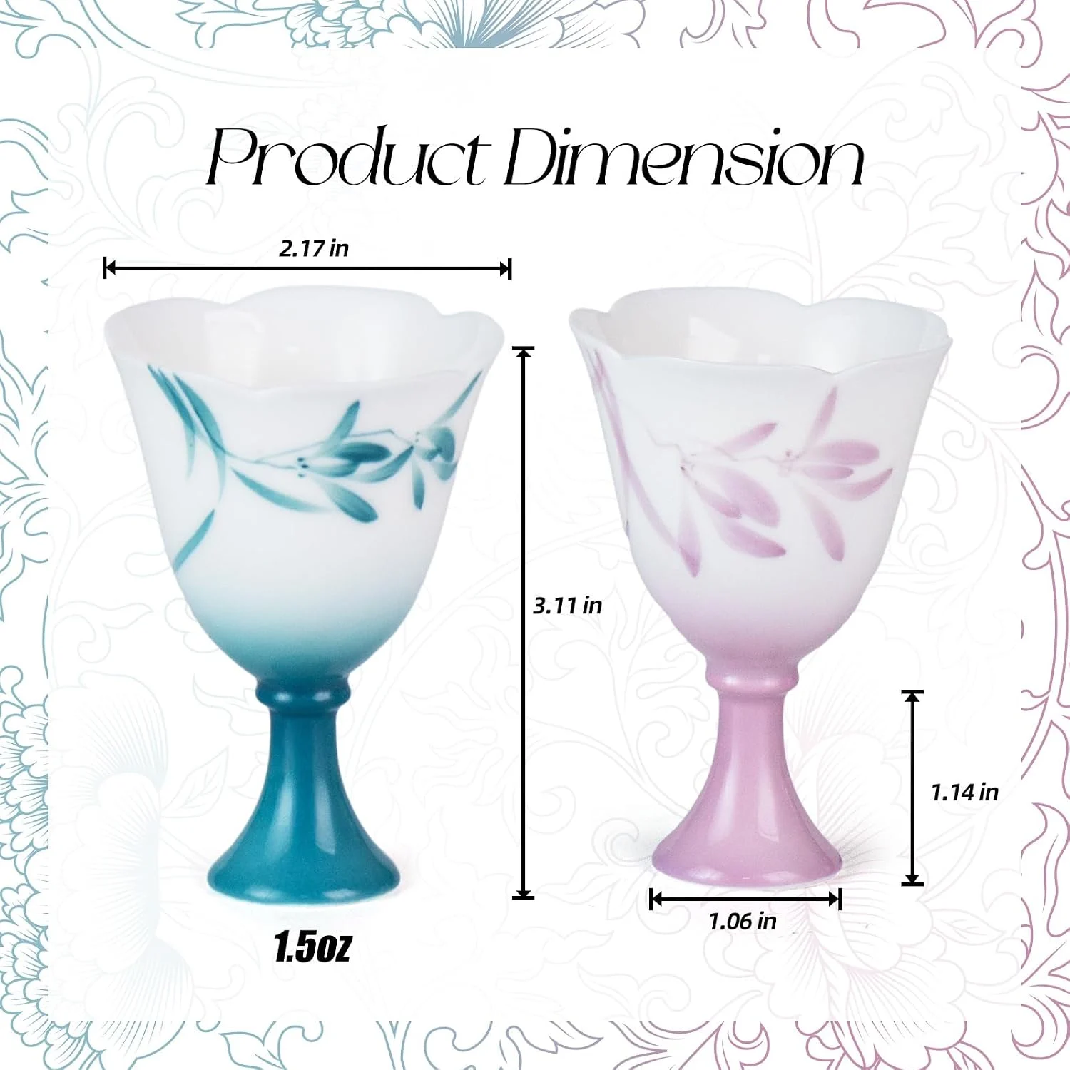 KAMMAK 1.5 oz pastel floral footed ceramic tea cup dimensions
