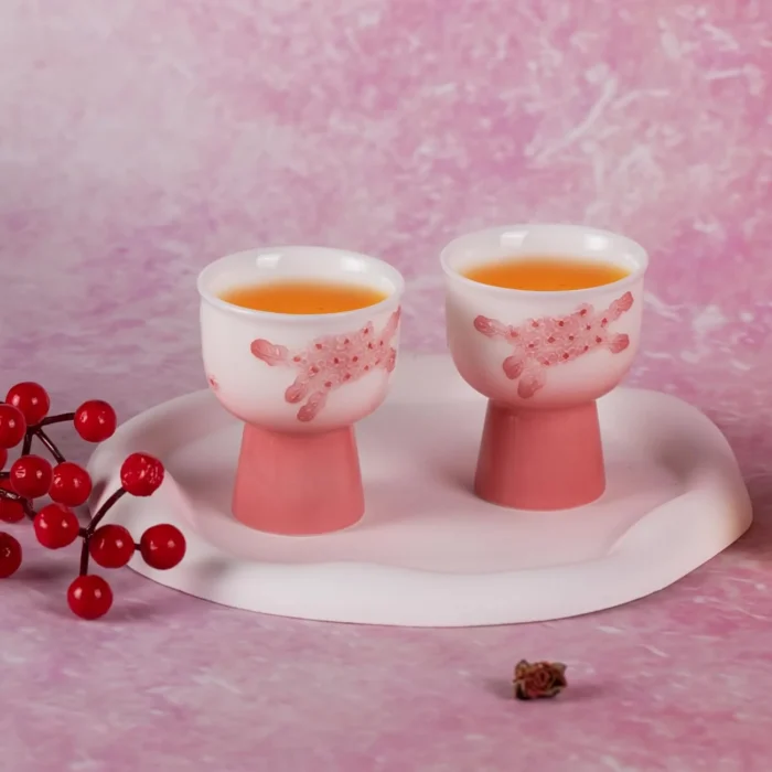 Two KAMMAK 714N pink footed tea cups filled on an oval tray KAMMAK 7KPSP714N ceramic cup and saucer shape and proportion detail image 3