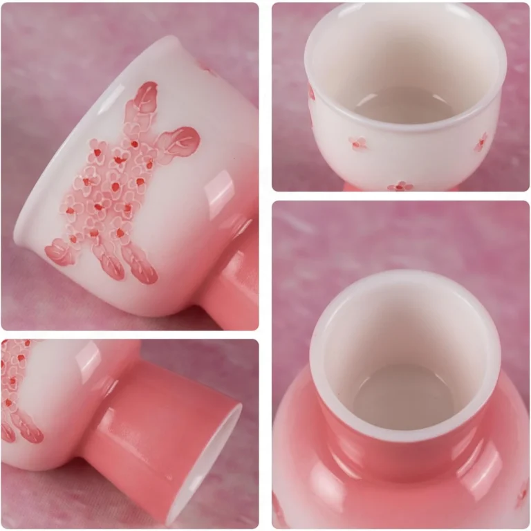 KAMMAK 714N cup close-ups showing raised pink flowers, white interior and foot