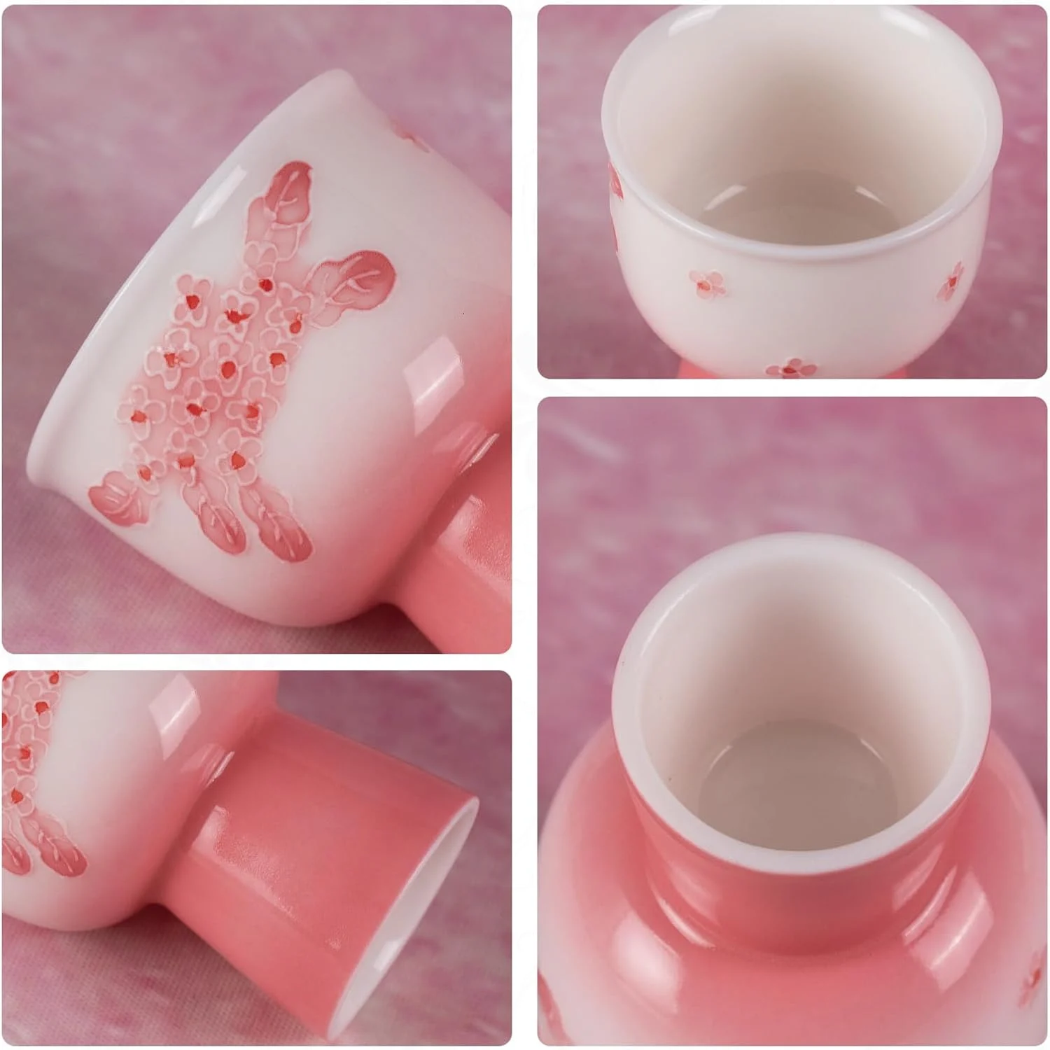 KAMMAK 714N cup close-ups showing raised pink flowers, white interior and foot