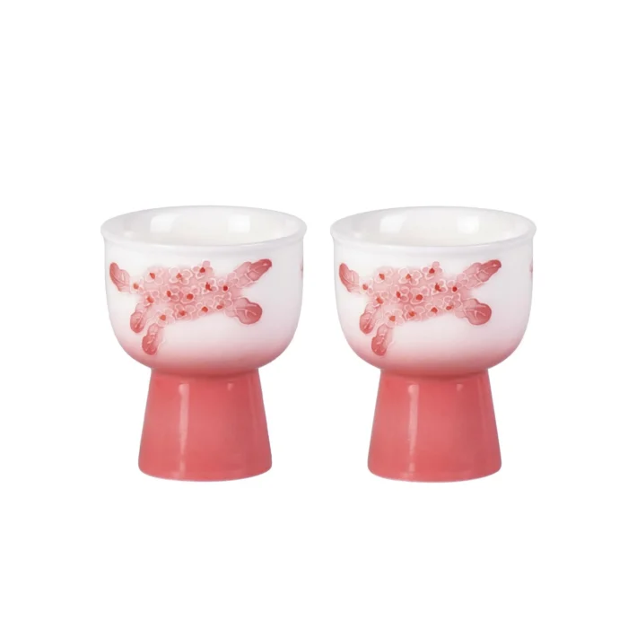 KAMMAK pink floral footed ceramic tea cups set of two KAMMAK 7KPSP714N ceramic cup and saucer front view for product display