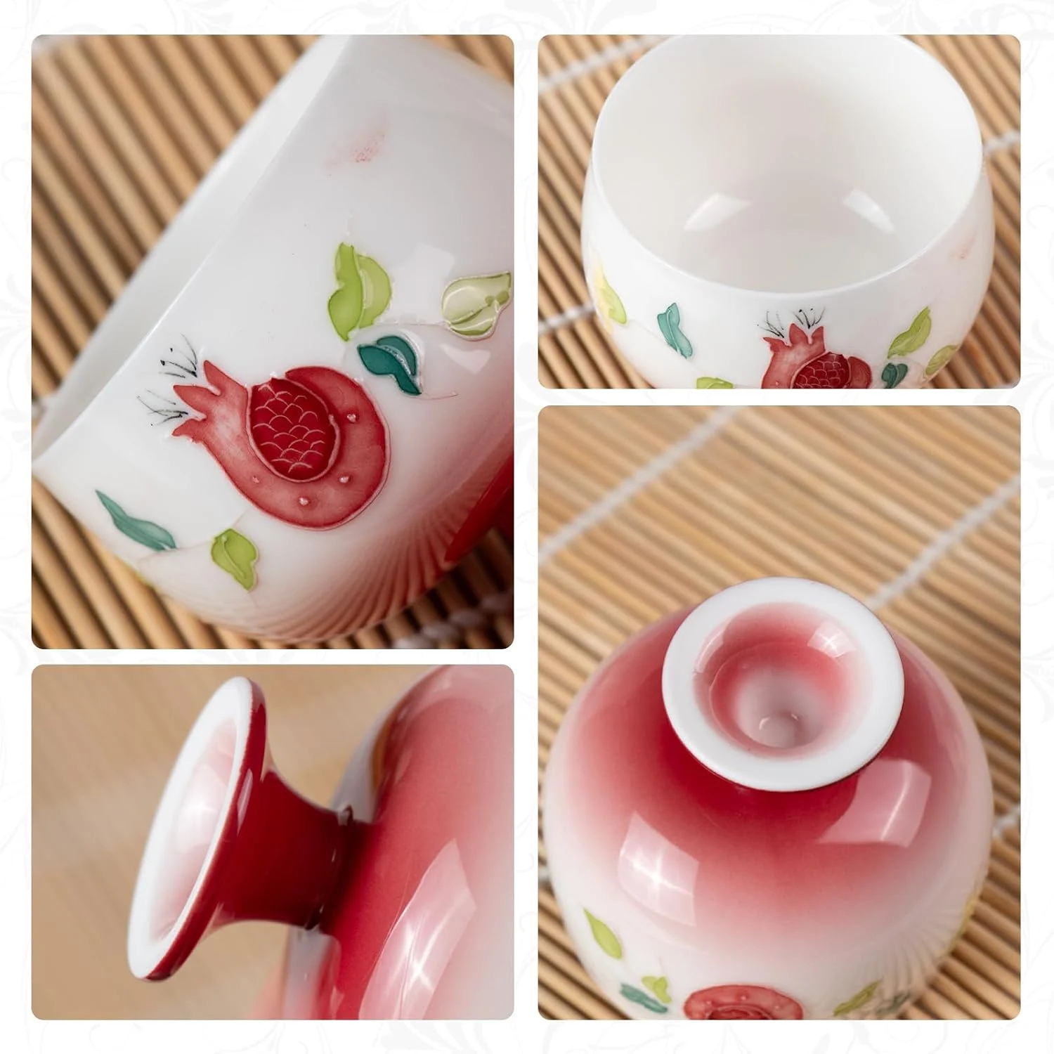 KAMMAK 698N cup close-ups showing pomegranate artwork, white interior and red foot