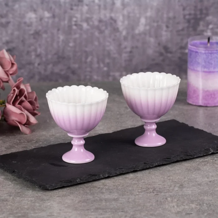 Two lavender KAMMAK 702N chrysanthemum tea cups on a slate board KAMMAK 7KPSP702N ceramic cup and saucer shape and proportion detail image 3