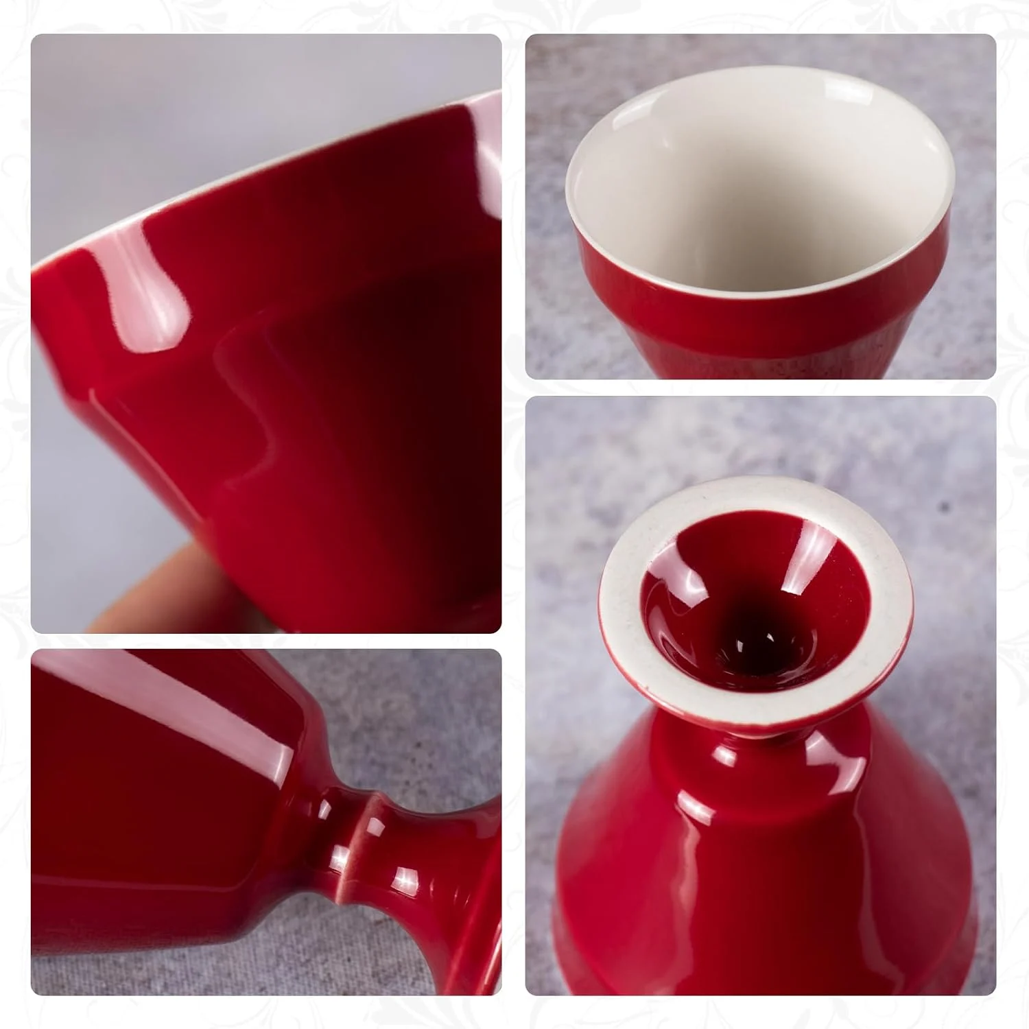 KAMMAK red footed cup close-ups showing glossy glaze, white interior and base