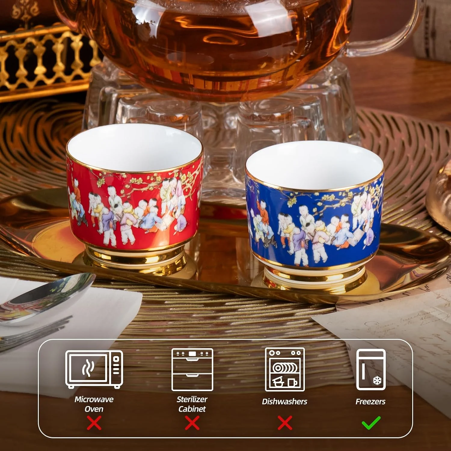 Red and blue KAMMAK porcelain cups beside a teapot with care icons