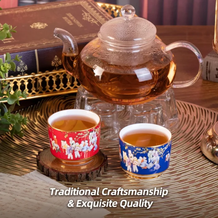 KAMMAK red and blue tea cups filled beside a glass teapot KAMMAK 7KPSP424N ceramic cup and saucer scale and proportion view image 6