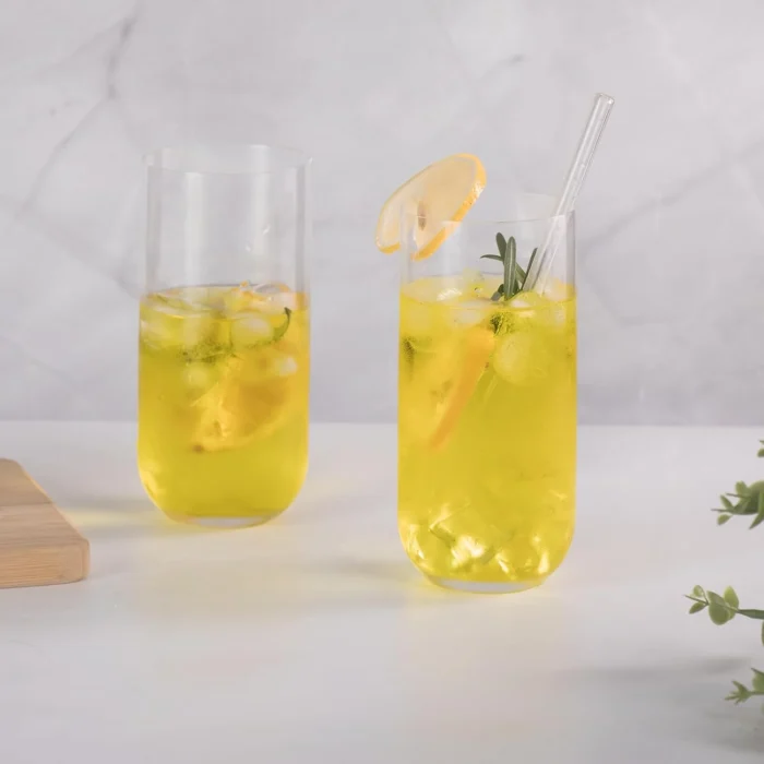 Two slim KAMMAK 766N glasses with pale citrus iced drinks KAMMAK 7KPSP766N home decor product close-up material texture detail image 4