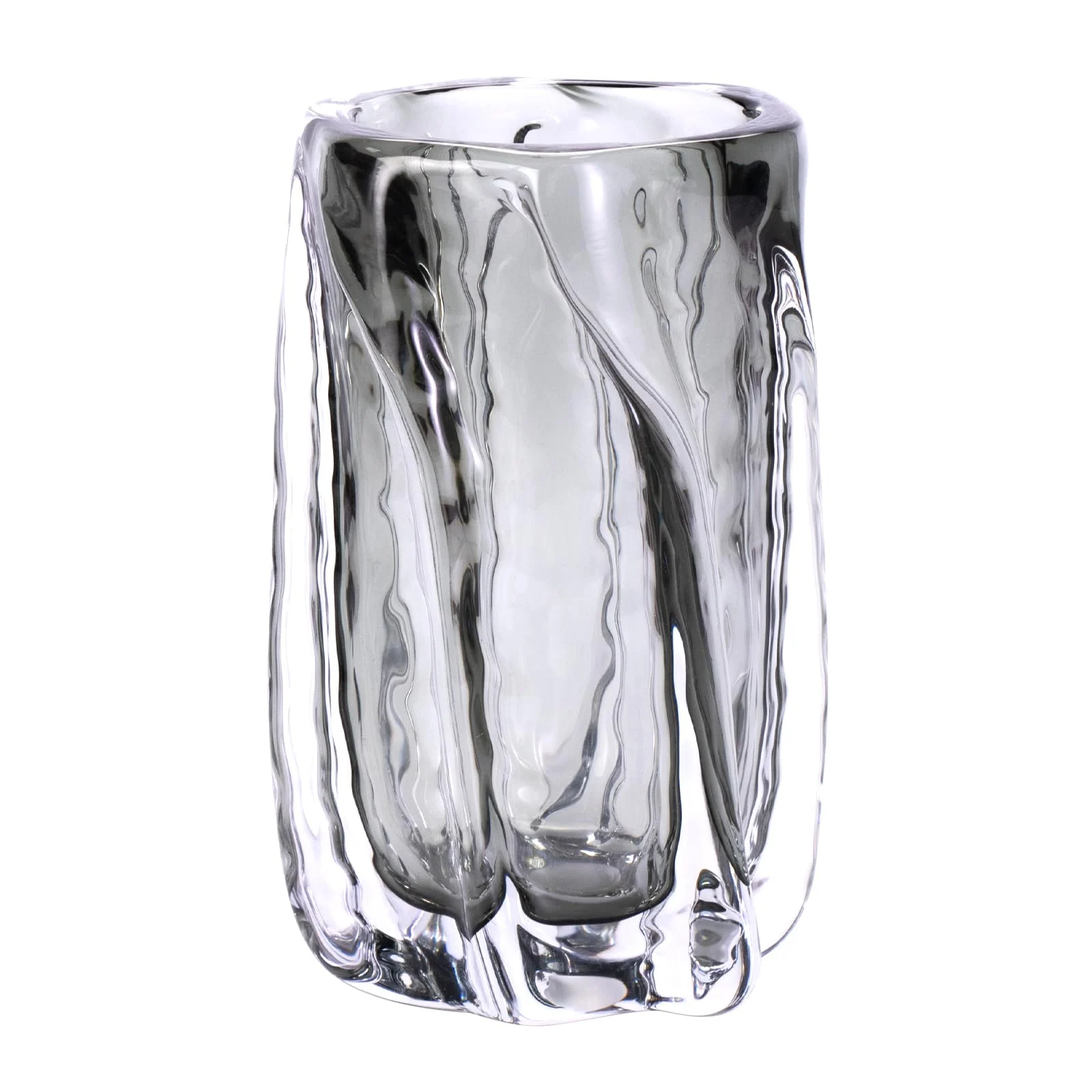 Smoky clear art glass vase shown against a white background