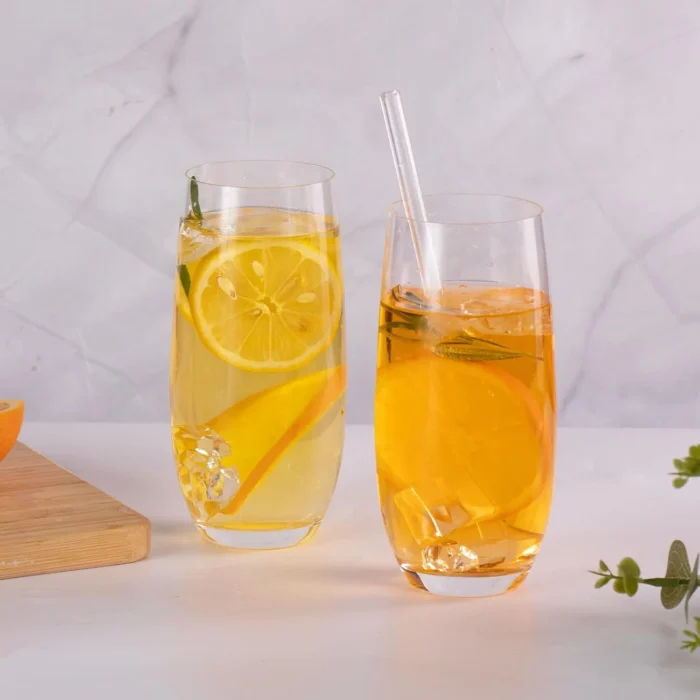 Two KAMMAK 771N tapered glasses with yellow citrus drinks KAMMAK 7KPSP771N home decor product styled home decor setting image 5