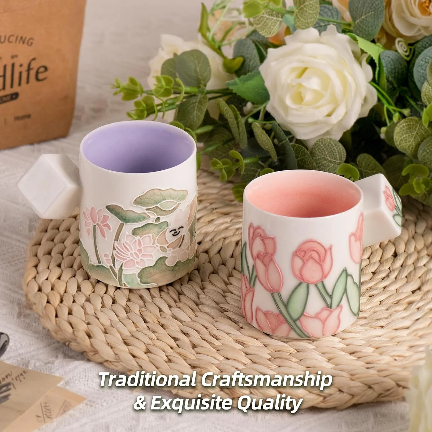 KAMMAK floral tea mugs displayed together among soft flowers