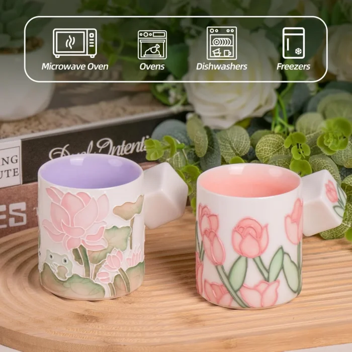 KAMMAK tulip and lotus ceramic mugs with care guidance icons KAMMAK 7KPSP434N ceramic cup and saucer styled home decor setting image 5