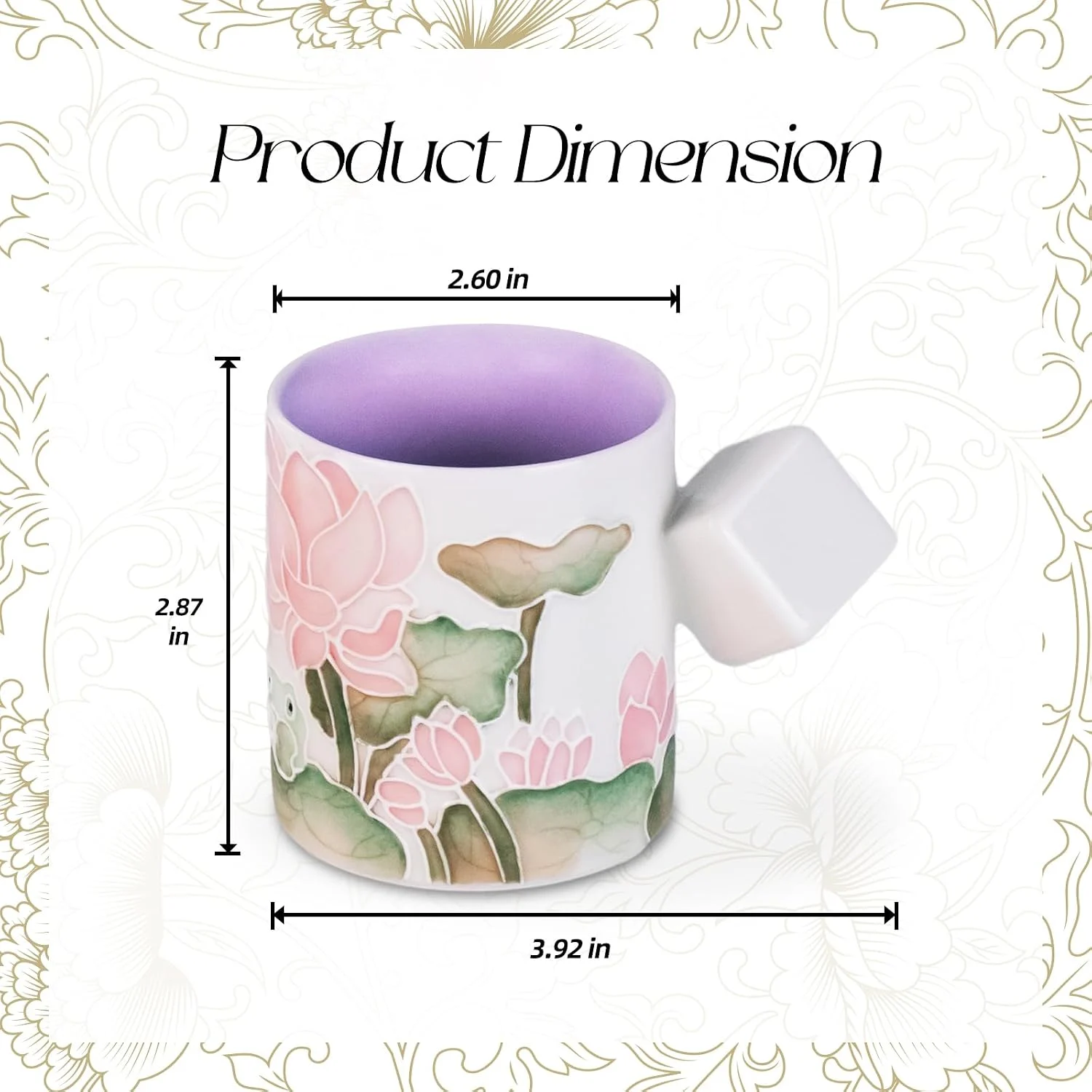 KAMMAK lotus ceramic tea mug dimensions and square handle width