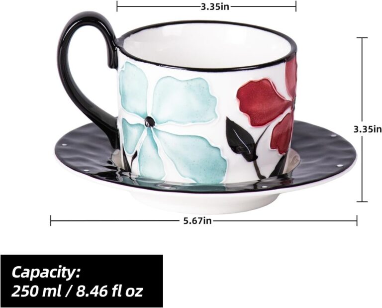 KAMMAK Coffee Cups and Saucers Set of 2, 8.5oz Ceramic Tea Cup with Saucer – product dimensions