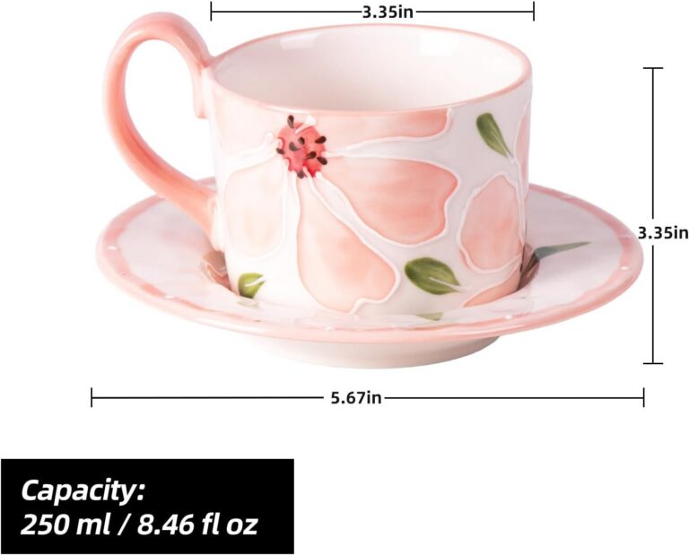 KAMMAK Coffee Cups and Saucers Set of 2, 8.5oz Ceramic Tea Cup with Saucer – product dimensions