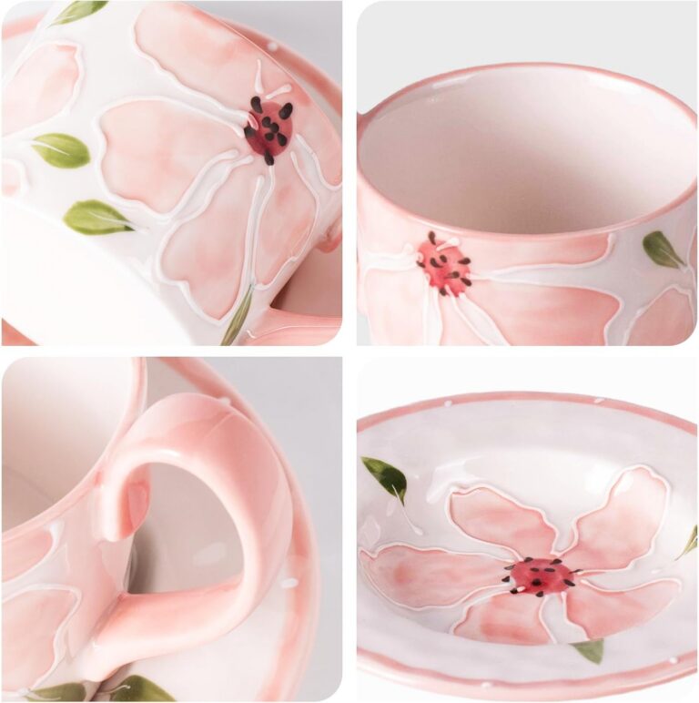 KAMMAK Coffee Cups and Saucers Set of 2, 8.5oz Ceramic Tea Cup with Saucer – detail view 2