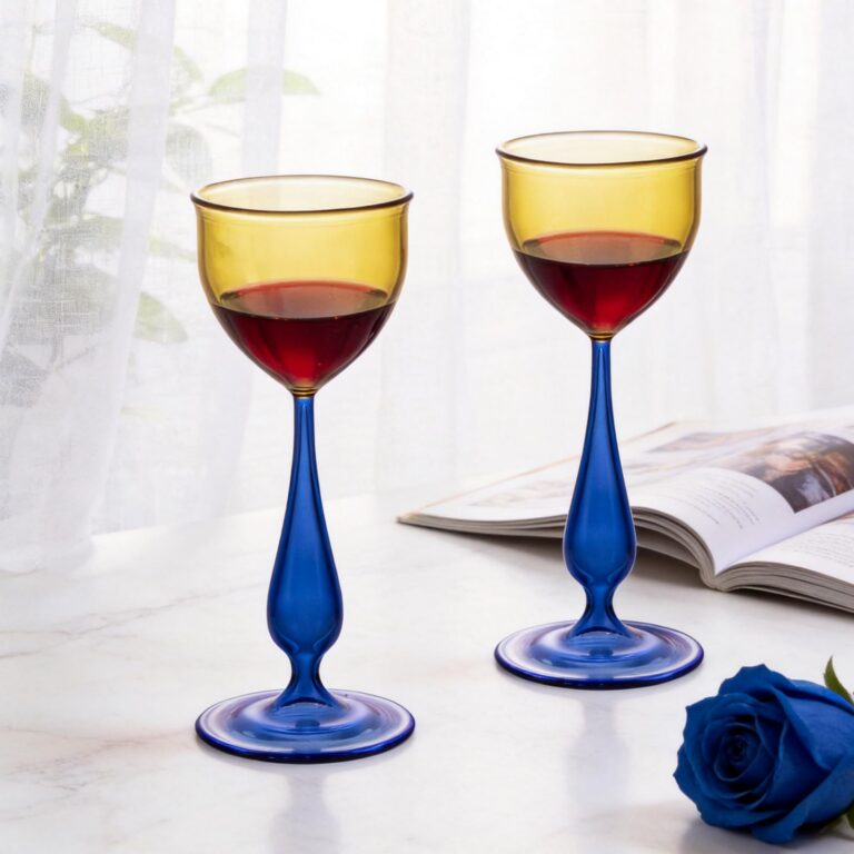 KAMMAK KS0019 yellow wine glasses with blue stems, set of two on a table