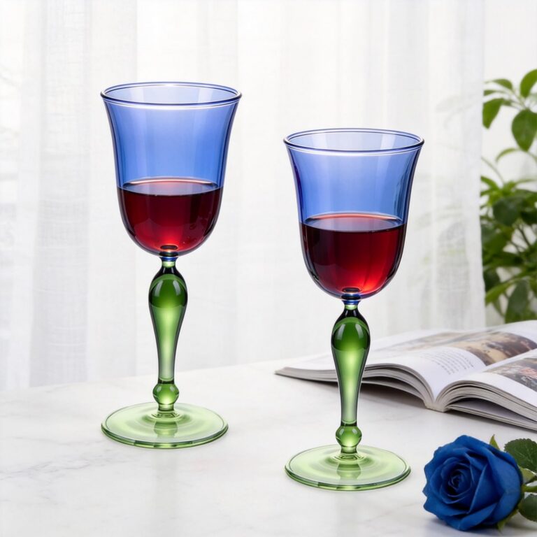 KAMMAK KS0016 blue wine glasses with green stems, set of two on a table