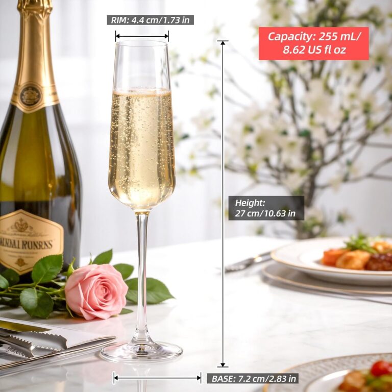 KAMMAK Champagne Flutes Set of 2, Stemmed Champagne Glasses, DY022 – product dimensions