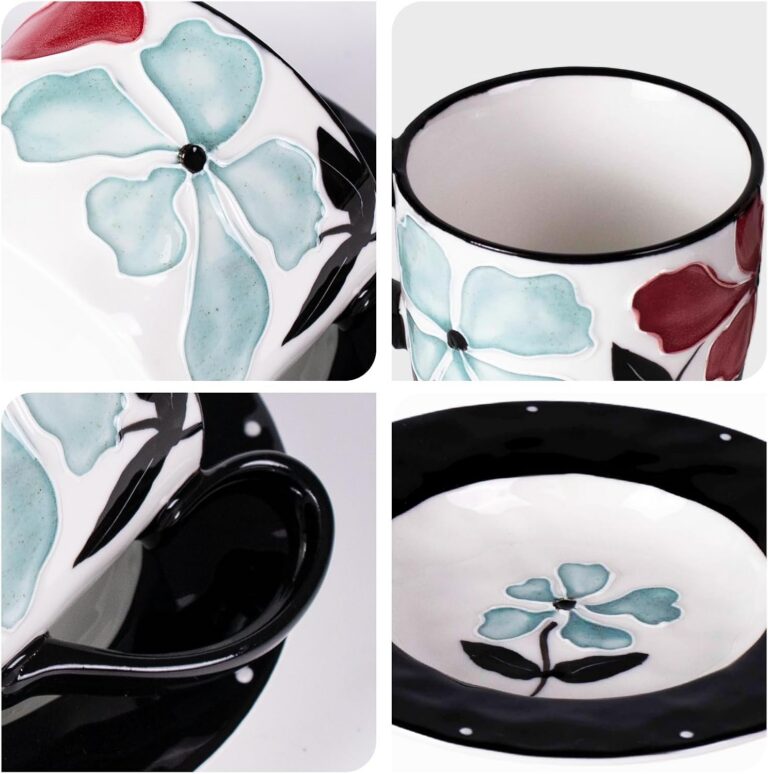 KAMMAK Coffee Cups and Saucers Set of 2, 8.5oz Ceramic Tea Cup with Saucer – detail view 2