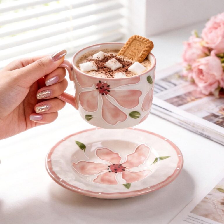 KAMMAK Coffee Cups and Saucers Set of 2, 8.5oz Ceramic Tea Cup with Saucer – detail view 1