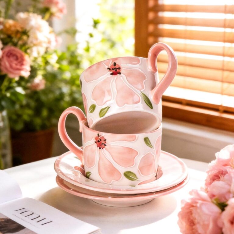 KAMMAK Coffee Cups and Saucers Set of 2, 8.5oz Ceramic Tea Cup with Saucer – detail view 4