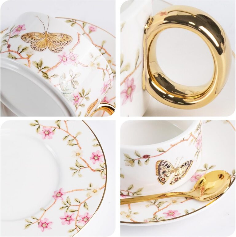 Porcelain Tea Set for 4, Stackable Coffee Cups and Saucers with Spoons – detail view 2