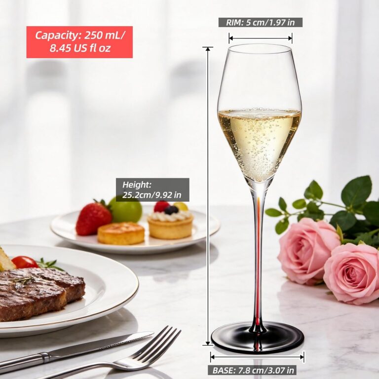 KAMMAK Champagne Flutes Set of 2, Stemmed Champagne Glasses, DY010 – product dimensions