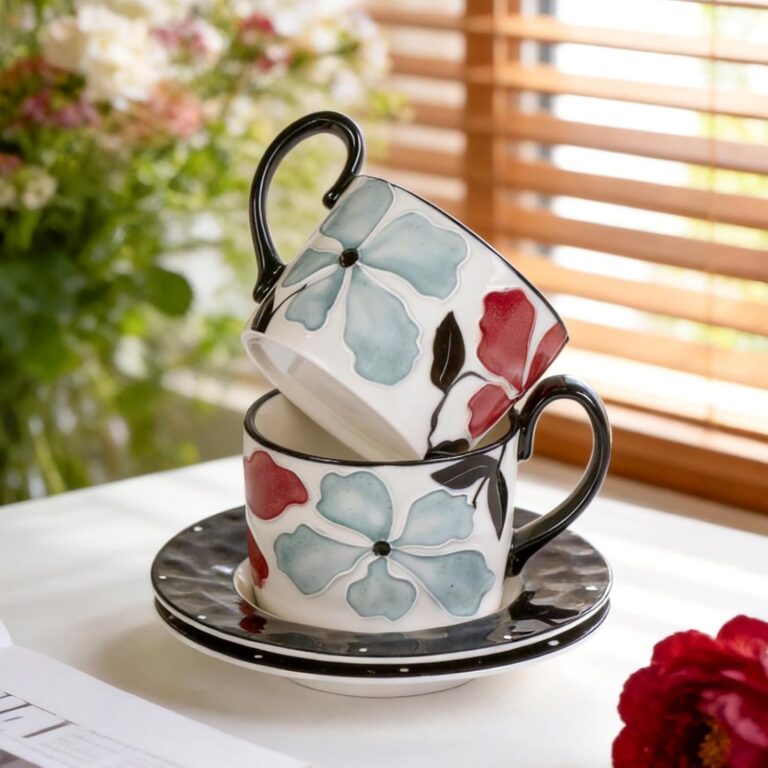 KAMMAK Coffee Cups and Saucers Set of 2, 8.5oz Ceramic Tea Cup with Saucer – detail view 4