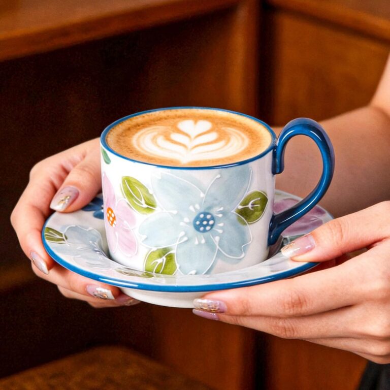 KAMMAK Coffee Cups and Saucers Set of 2, 8.5oz Ceramic Tea Cup with Saucer – detail view 3