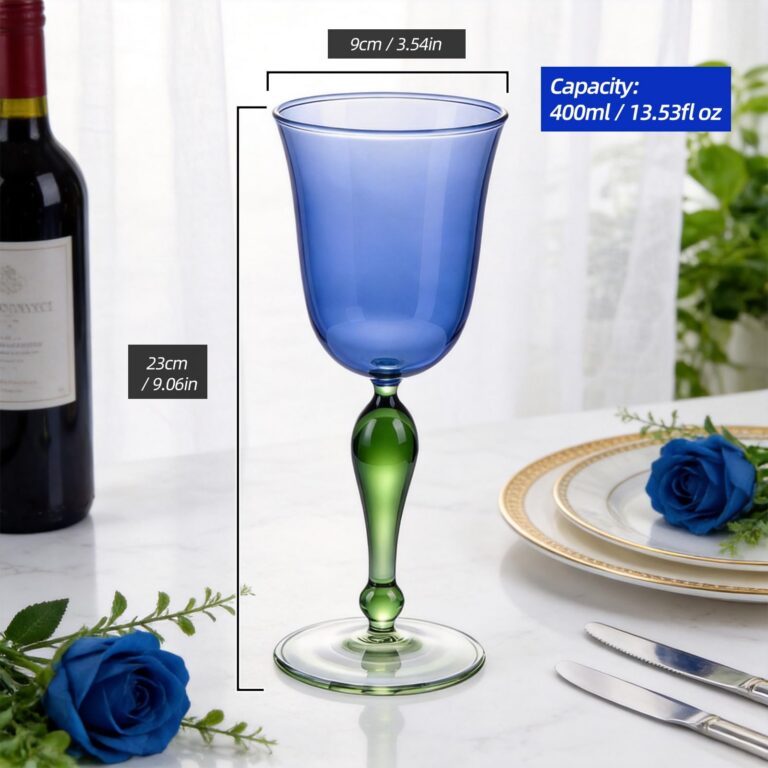 KAMMAK Colored Wine Glasses Set of 2, Blue Bowls with Green Stems – KS0016 – product dimensions
