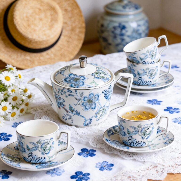 Porcelain Tea Set with Teapot, Teacups, Saucers and Spoons, NX048 – detail view 4