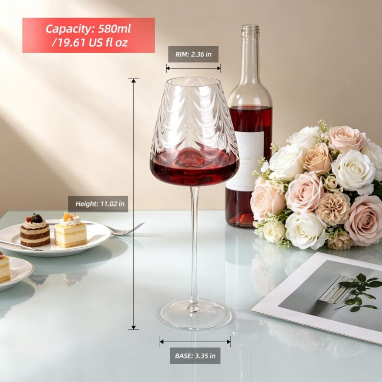 KAMMAK Crystal Red Wine Glasses Set of 2, Hand-Blown Ripple Embossed – XH039 – product dimensions